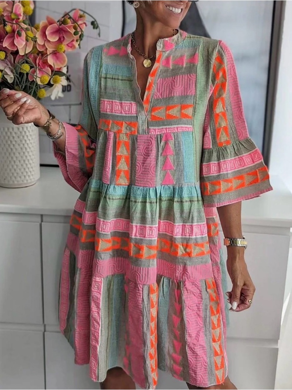 NWOT Boho Tiered Mini Dress in Pink & Mint